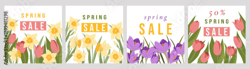 Four different spring sale posters with flowers and bright colors. The posters are all different but have the same theme of spring and sale