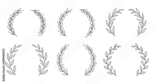 Elegant hand-drawn leafy laurel wreaths collection in black and white