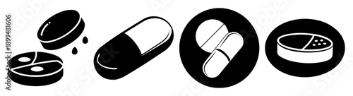 Black and white medical pills and capsules set isolated on clean background for healthcare and pharmacy design