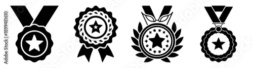 Set of four black and white victory medals and laurel wreaths for success and achievement awards