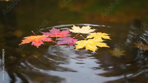 Colorful Autumn Leaves Floating on Water.