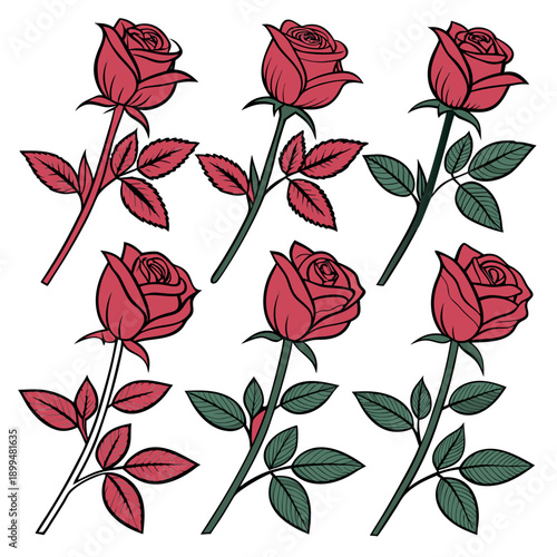 Enchanting Rose Garden: A vibrant collection of meticulously illustrated red rose blossoms, each elegantly depicted, ready to infuse any project with classic romance and timeless charm.