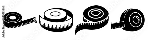 Black and white measuring tape coiled and straight on white background for precision and design