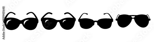 Set of five stylish black sunglasses isolated on white background fashion accessory collection eyewear