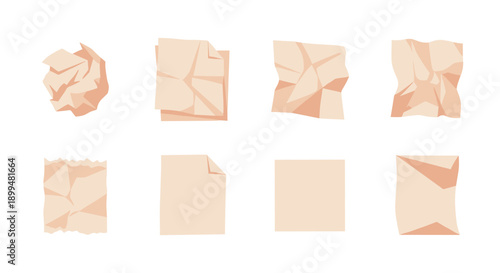 Set of crumpled paper textures with flat design in neutral tones