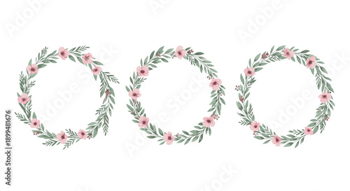 Elegant floral wreaths with pink flowers and green leaves on white background