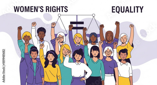 Diverse group of women and men advocating for women's rights and equality with raised fists and scales
