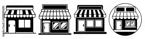 Modern black and white striped storefronts with awnings vector illustration isolated on white background