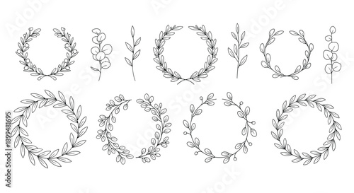 Elegant hand-drawn leaf wreaths collection for decorative designs