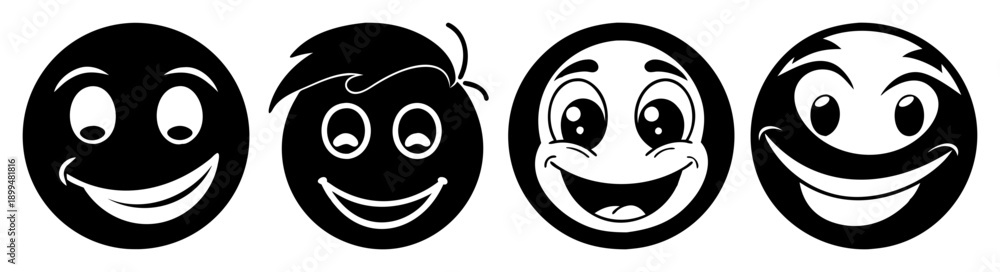 Fototapeta premium Four hand drawn black and white smiley face emojis showing different emotions isolated on white background vector illustration