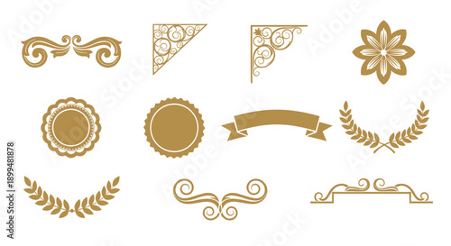 Elegant ornamental design elements set in gold for decorations and crafts