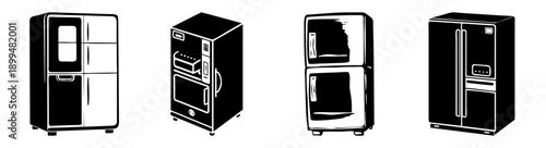 Modern black stainless steel refrigerators set isolated on white background vector illustration