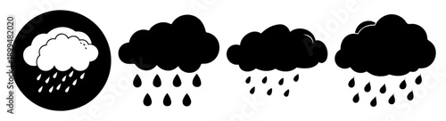 Four black rain clouds with falling droplets isolated on white background vector illustration