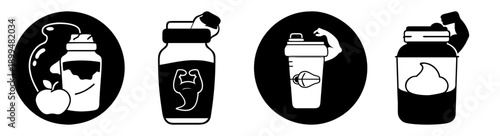 Protein supplements and fitness equipment flat icons set isolated on black circular background for health and workout