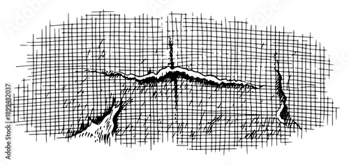 Abstract landscape architectural sketch with cross hatch grid texture and artistic ink drawing style