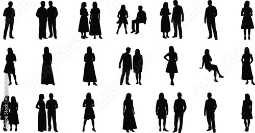 People silhouette poses collection, men and women standing sitting walking figures, business lifestyle characters, black realistic human vector illustration