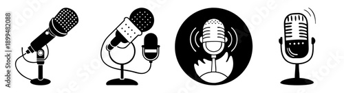 Vintage podcast microphones set with retro radio and broadcasting icons isolated on white background