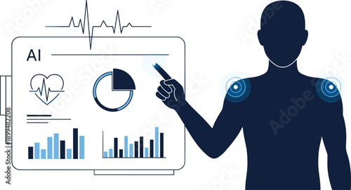 Artificial intelligence healthcare interface illustration, human body interaction with medical data dashboard, digital health monitoring technology concept vector
