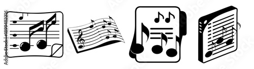 Hand drawn music notes and sheets vector set with treble clef and piano keys sketch design elements