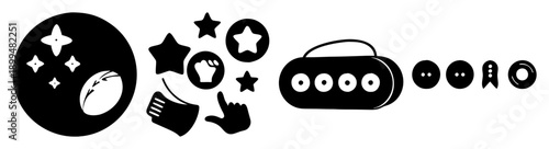 Black and white travel adventure icons set with suitcase compass camera passport and travel essentials flat design vector illustration