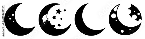 Lunar cycle phases illustration set with crescent and full moon in black and white minimalist design for astronomy and astrology