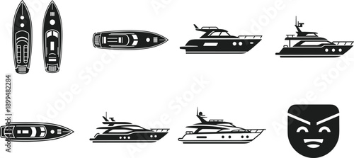 Luxury yacht and motor boat silhouettes collection, top and side views, black marine transport icons, minimal vector illustration set