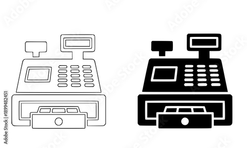 Detailed Cash Register with Display and Drawer Icon Set in Outline and Solid Style for Retail POS Checkout Payment Design