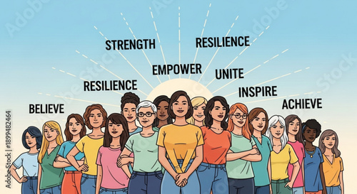 Diverse group of women standing united with empowering words in background symbolizing strength and resilience