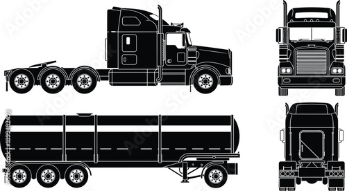 Truck and tanker trailer silhouettes collection, heavy duty semi truck transport vehicles, black industrial logistics vector illustration set icons bundle