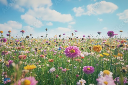 Colorful wildflower field in springtime under a bright blue sky with fluffy clouds