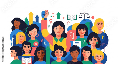 Diverse group of women and people celebrating equality empowerment and education with symbols of justice and growth