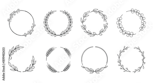 Elegant hand drawn circular frames with floral and botanical elements
