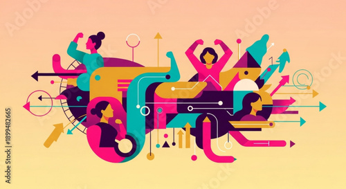 Vibrant abstract illustration of joyful people dancing amidst colorful shapes and arrows on a gradient background