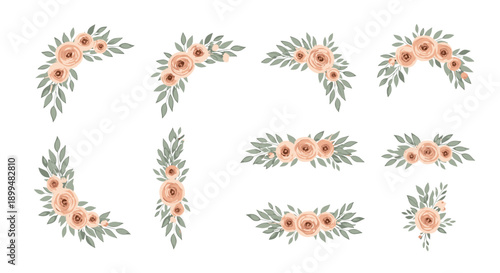 Elegant floral arrangements with soft peach roses and green leaves