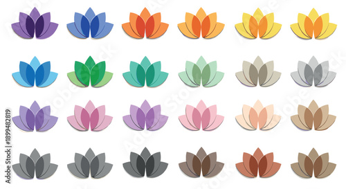 Colorful lotus flower icons set in flat design with various color variations for design projects