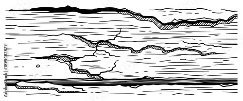 Hand drawn illustration of cracked wood grain or weathered bark texture with horizontal lines