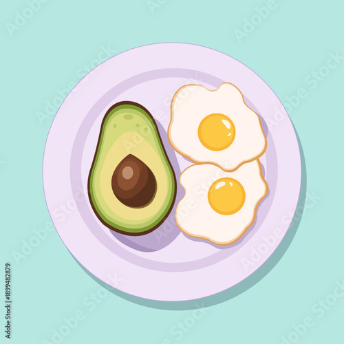 Illustration of avocado with fried eggs, breakfast
