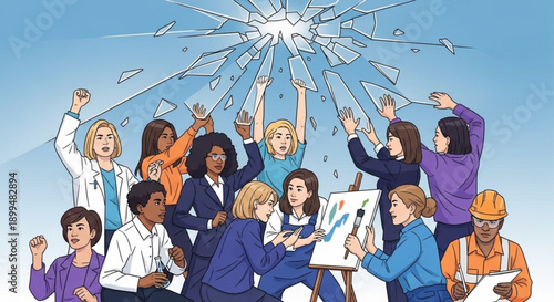 Diverse group of people celebrating and breaking through glass ceiling teamwork and empowerment concept