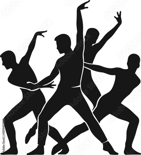 Modern dance silhouettes group performing expressive contemporary choreography isolated on white background artistic movement concept for music fitness advertising