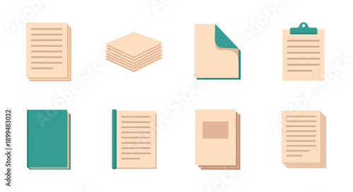 Flat design paper icons set: documents, notebooks, papers, clipboard in modern style