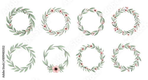 Elegant floral wreaths collection featuring delicate leaves and pink flowers