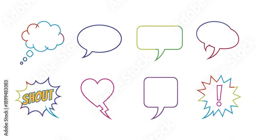 Colorful outline speech and thought bubbles set in comic style for creative designs