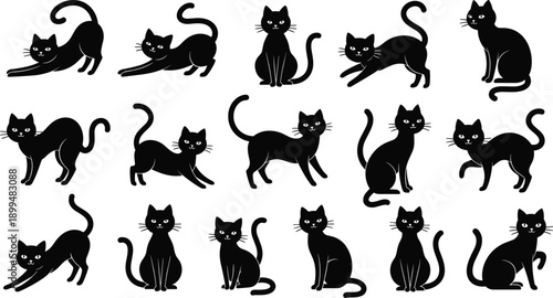 Black cat silhouette poses collection, cute feline character set, playful cat illustrations, minimal animal vector design bundle