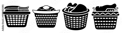 Set of four black laundry baskets with lids and handles for home organization and storage solutions