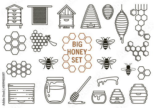 A collection of beekeeping elements including hives honeycombs and bees