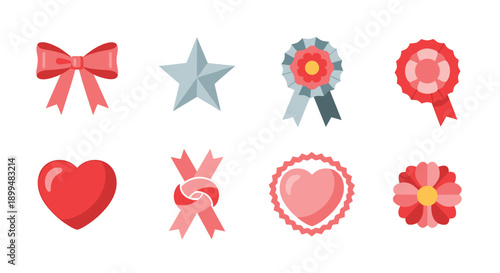 Colorful set of ribbons, hearts, and flowers with rosettes on white background