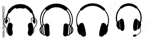 Set of five black wireless over-ear headphones isolated on white background for music and audio technology