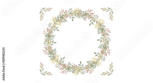 Elegant floral wreath with delicate pastel leaves on white background