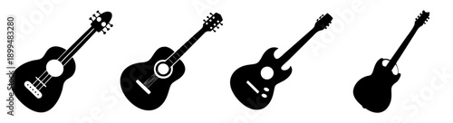 Set of five black electric guitars isolated on white background, musical instruments collection, studio product photography, vector illustration