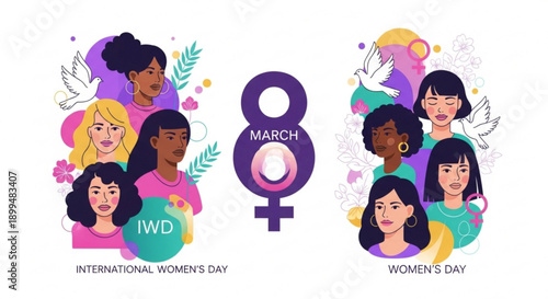 International women's day illustration with diverse women and date march 8th celebrating equality and empowerment